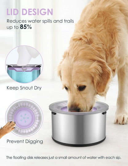 Heouvo 1 Gallon Large Dog Water Bowl No Spill,【Anti Digging Lid & Rubber Bottom】 Spill Proof Dog Bowl, Anti Splash Mess Dripless Slow Drinking Stainless Steel Water for Sloppy Messy Drinkers Car