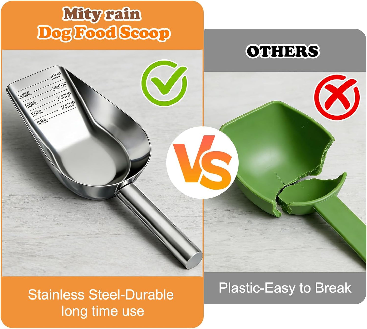 Mity rain Dog Food Scoop Stainless Steel with Long Handle, Precise Dog Food Measuring Cup 1, 3/4, 1/2, 1/4 Cup, Pet Scoop for Dogs, Cats, Rabbits, Animals, Metal Spoon for Dog Food Storage