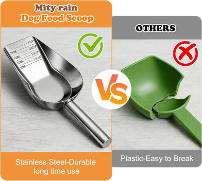 Mity rain Dog Food Scoop Stainless Steel with Long Handle, Precise Dog Food Measuring Cup 1, 3/4, 1/2, 1/4 Cup, Pet Scoop for Dogs, Cats, Rabbits, Animals, Metal Spoon for Dog Food Storage