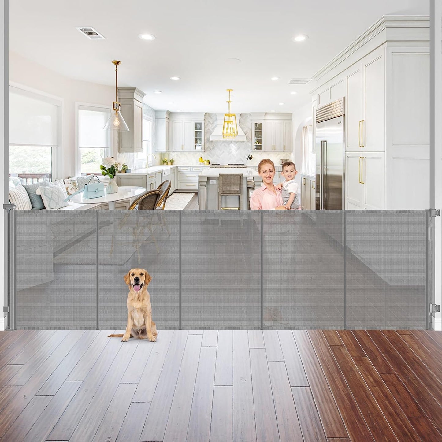 Reinforced 42" Tall Retractable Dog Gate, 155" Extra Long Retractable Baby Gate with Support Rods - Prevent Crawling Under, Indoor/Outdoor Retractable Gate Extra Tall Baby Gate Retractable Fence/Black