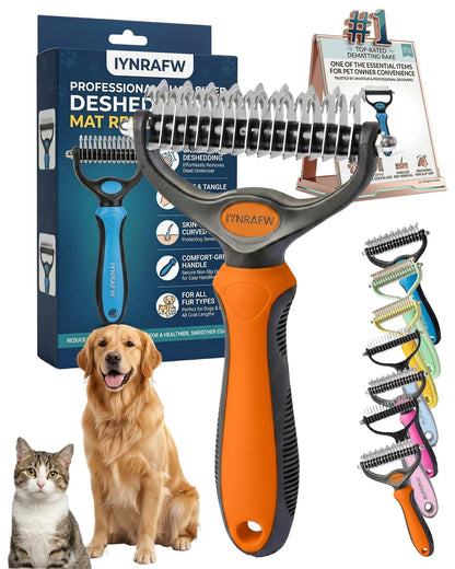 Pet Pro Grooming Tool Dual Tooth Pet Grooming Comb Undercoat Rake for Dogs Cats Long Hair Deshedding Tool Dematting Brush Double Sided Stainless Steel Teeth Remover Mats Tangles Loose Fur