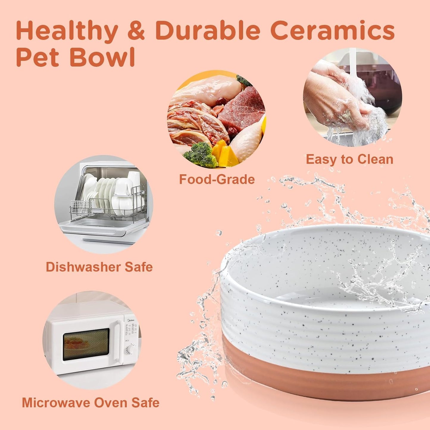 SPUNKYJUNKY Elevated Dog Bowls Ceramic, 6.1'' Dogs and Cat Food Water Bowls Raised with Non-Slip Bamboo Stand for Medium Sized Breed Microwave Dishwasher Safe - 28.7 OZ,Beige