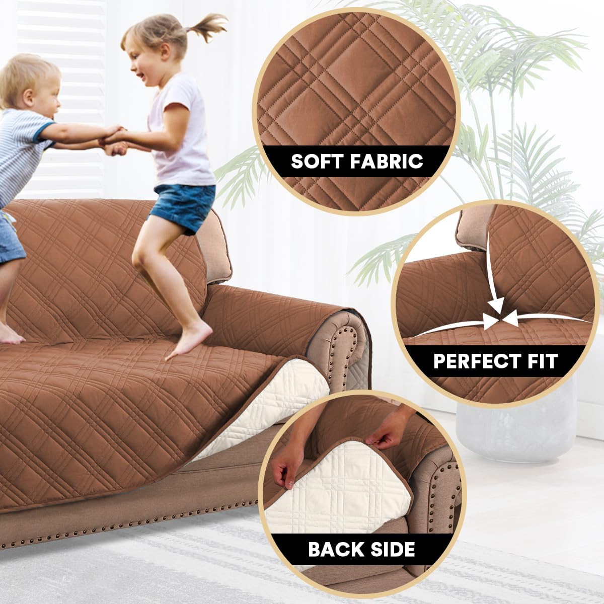 PrinceDeco 100% Waterproof Couch Cover for 3 Cushion Couch Sofa Pet Friendly Non-Slip Couch Cover for Dogs Washable Water Resistant Furniture Protector with Elastic Straps(Sofa 68", French Oak)