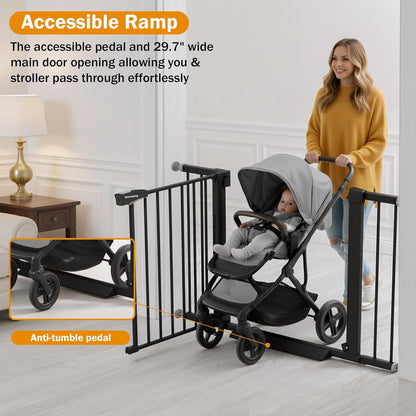 Mumeasy 29.7-46" Baby Gate for Stairs, Pressure Mounted Dog Gate for Doorways, Auto Close Walk Through Pet Gate Indoor, Extra Wide Metal Child Safety Gate, Mom's Choice Awards Winner, Black
