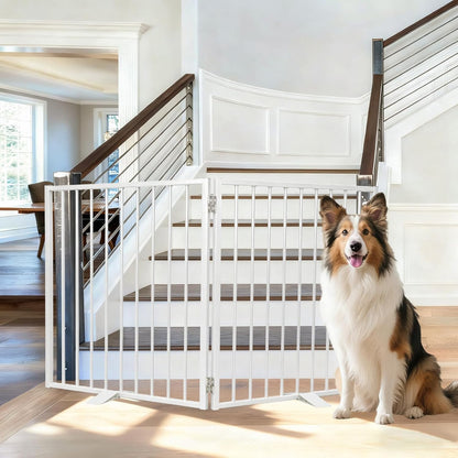 104" Extra Wide Dog Gate, Heavy Duty Metal Freestanding Dog Gate with Door for Indoor & Outdoor, Foldable Pet Fence for Doorways,House,Porch,Deck,Yard,Stairs, Auto Close(4 Panels,Black)