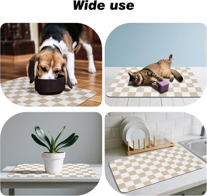 CooRug Checkered Dog Food Mat, Absorbent Leak-Proof Pet Feeding Mat, Quick Dry Cat Food Mat for Messy Drinkers 12" x 20" Khaki