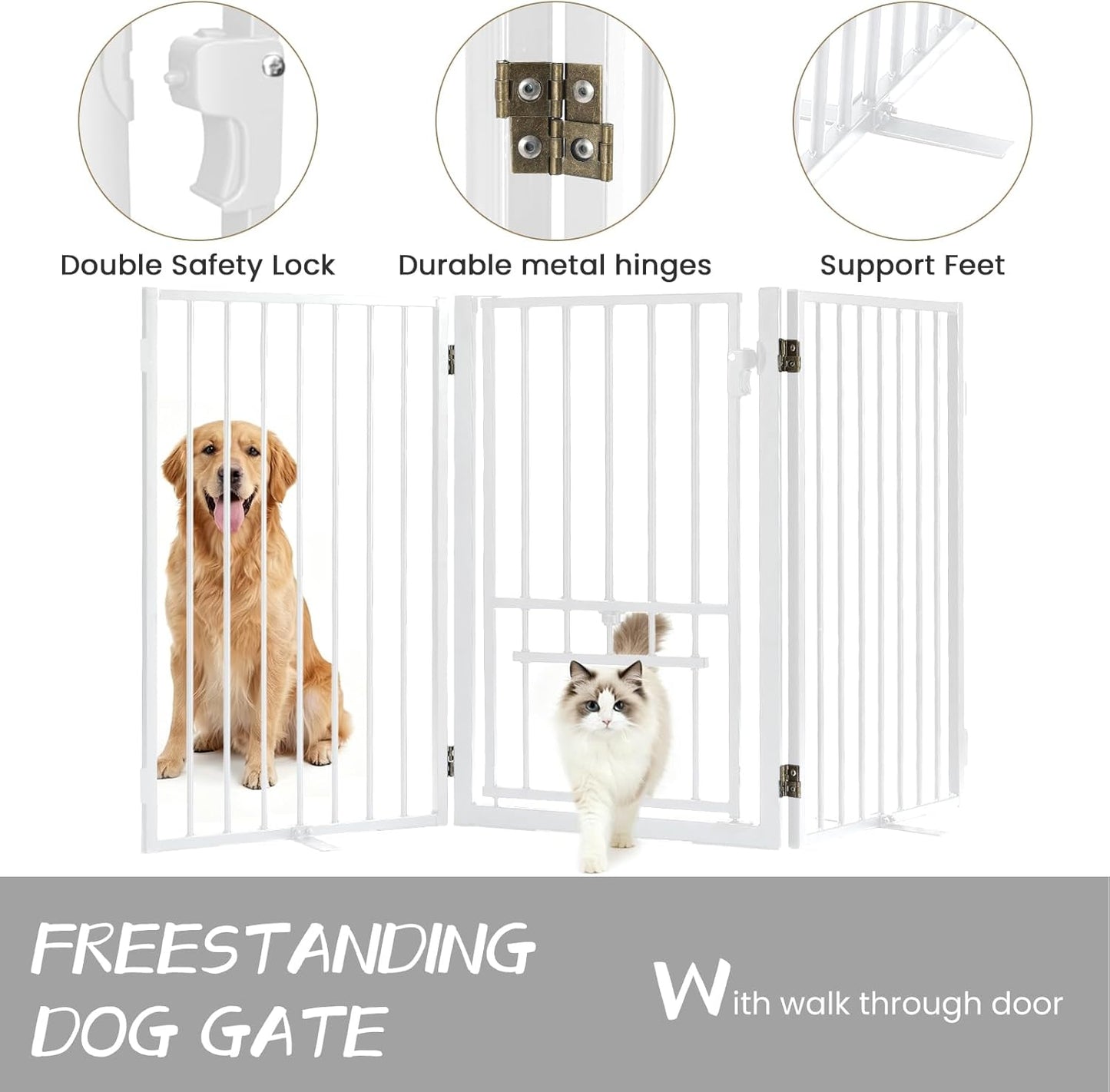 Metal Freestanding Dog Gate with Cat Door for Outdoor Indoor,80" Extra Wide Foldable Pet Fence,30" Tall Dog Gate for Large Opening,Stairs,Hallways,Doorways,Deck,Yard,with 3PCS Support(4 Panels,Black)
