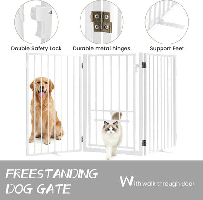 Metal Freestanding Dog Gate with Cat Door for Outdoor Indoor,80" Extra Wide Foldable Pet Fence,30" Tall Dog Gate for Large Opening,Stairs,Hallways,Doorways,Deck,Yard,with 3PCS Support(4 Panels,Black)
