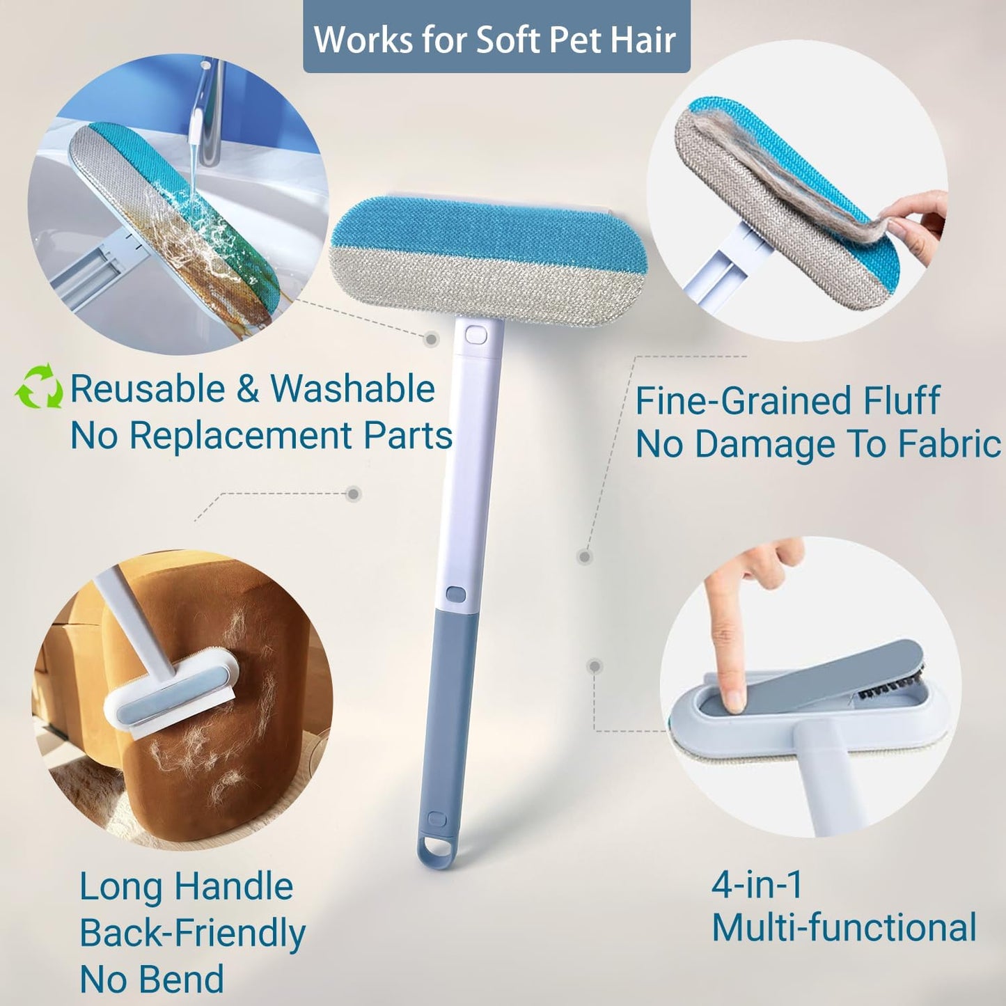 Pet Hair Remover for Furniture, Reusable 17-Inch Multifunctional Cat and Dog Hair Removal Tool for Couch, Carpet, Bedding, Car Seats