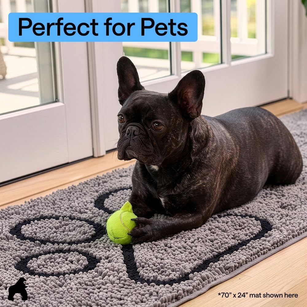 GORILLA GRIP SoakSTOPPER Dog Door Mat, 30x20 Machine Washable Rug Absorbent Doormat Captures Moisture Mud Dirt, Quick Dry Soft Chenille Entryway Rugs Indoor Entrance Mats for Dog Paws, Paw Grey