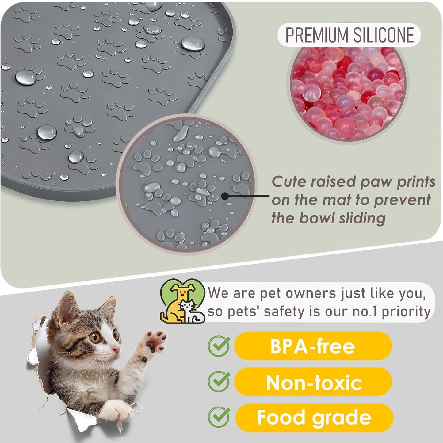 Pet Feeding Mat, Waterproof Anti-Slip Placemats for Dog Cat Bowl Silicone Pet Food Mat, Raised Edge Prevent Spills on Floor & Carpet, Dishwasher Safe (Beige, 11" x 11")