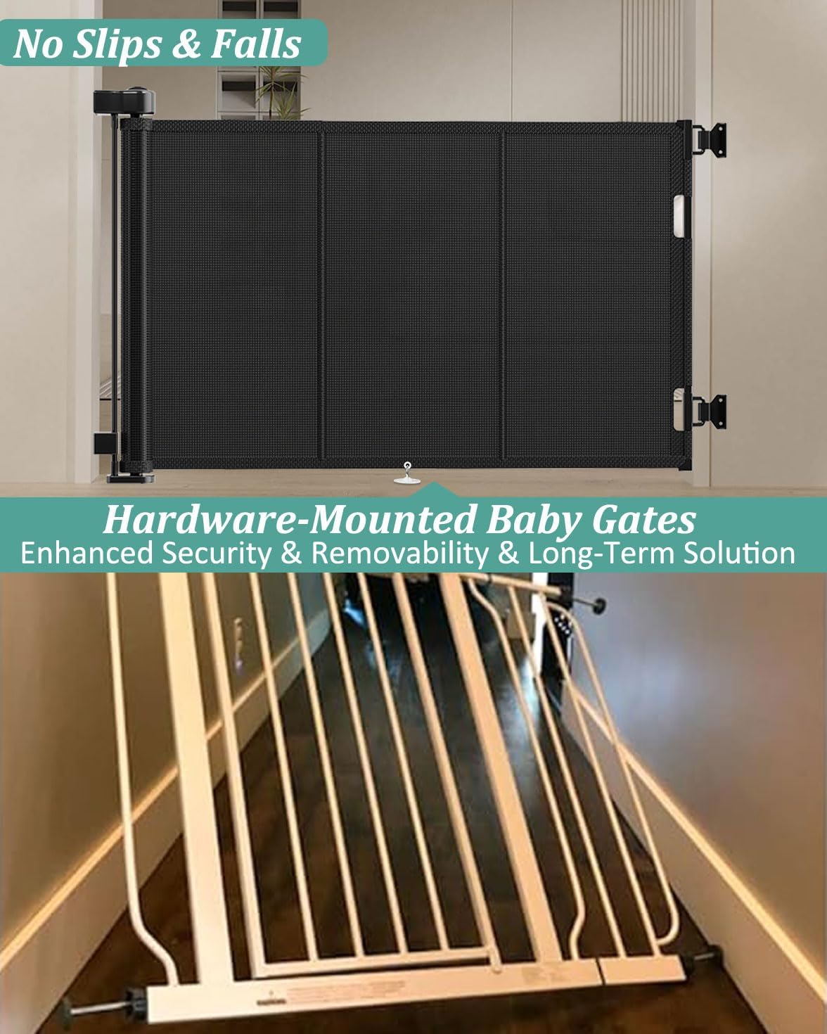 Miumoon 120 inch Retractable Baby Gates 34 inch Tall, Retractable Gate with Reinforced Strip Design to Prevent Crawling Through, 10 FT Extra Wide Retractable Dog Gate for Indoor/Outdoor