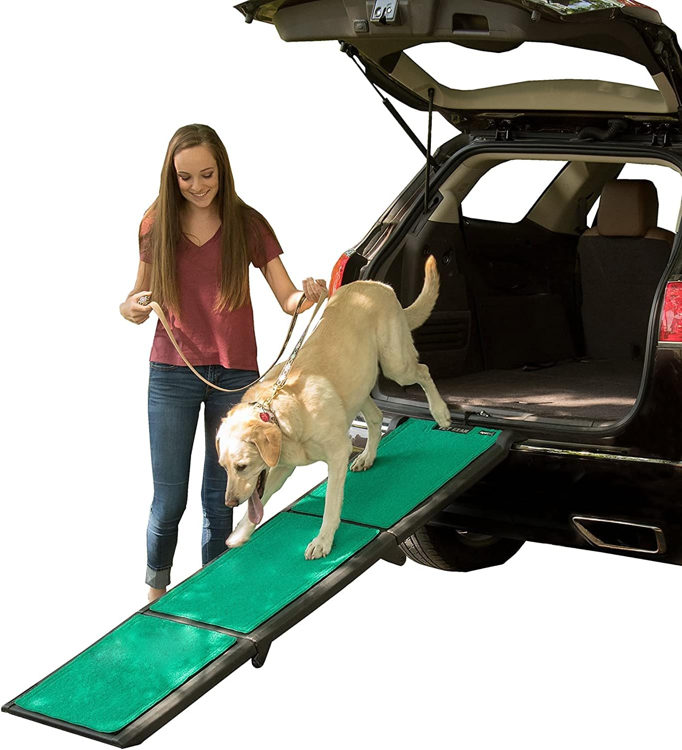 Pet Gear Tri-Fold Portable Pet Ramp for Dogs and Cats, 71" Long, Extra Wide, Holds up to 200lbs, Patented Design, Compact/Easy Fold with Safety Tether, Titanium