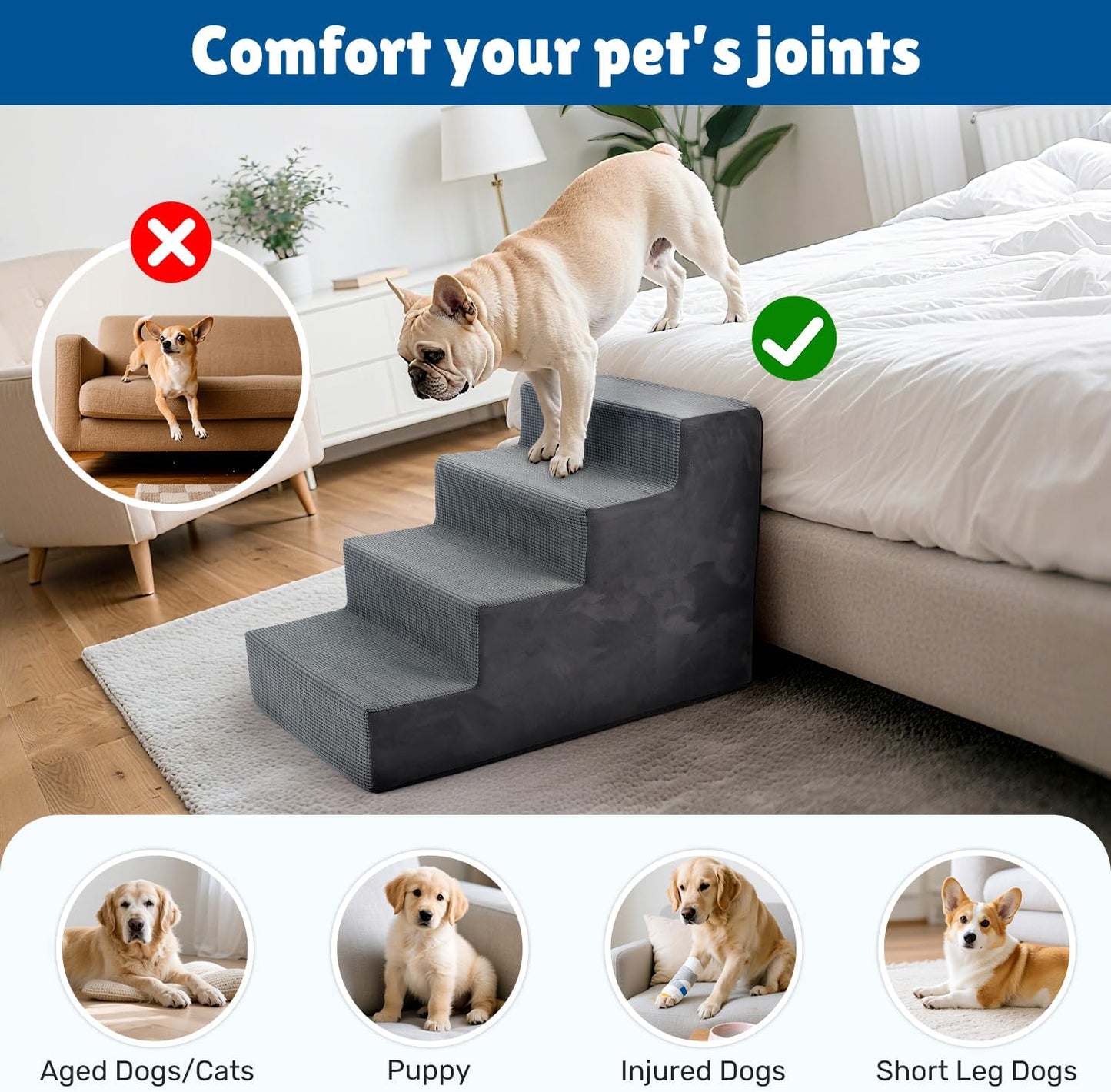 Dog Stairs for Bed, Extra Wide 5-Step Dog Steps for High Bed, High-Density Foam Pet Stairs with Non-Slip Removable Washable Cover for Small Pets, 23" H, Navy