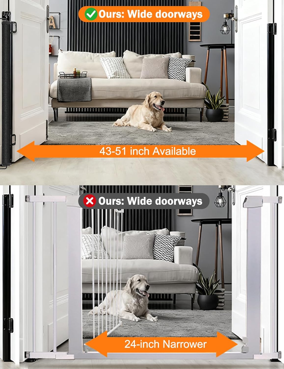 Retractable Mesh Pet Gate, Extra Tall 31'' Adjustable Width Up to 51/43 Inches for Doorways Stairs Hallways, Indoor Outdoor Dog Safety Barrier Net Panel (51'' Width)