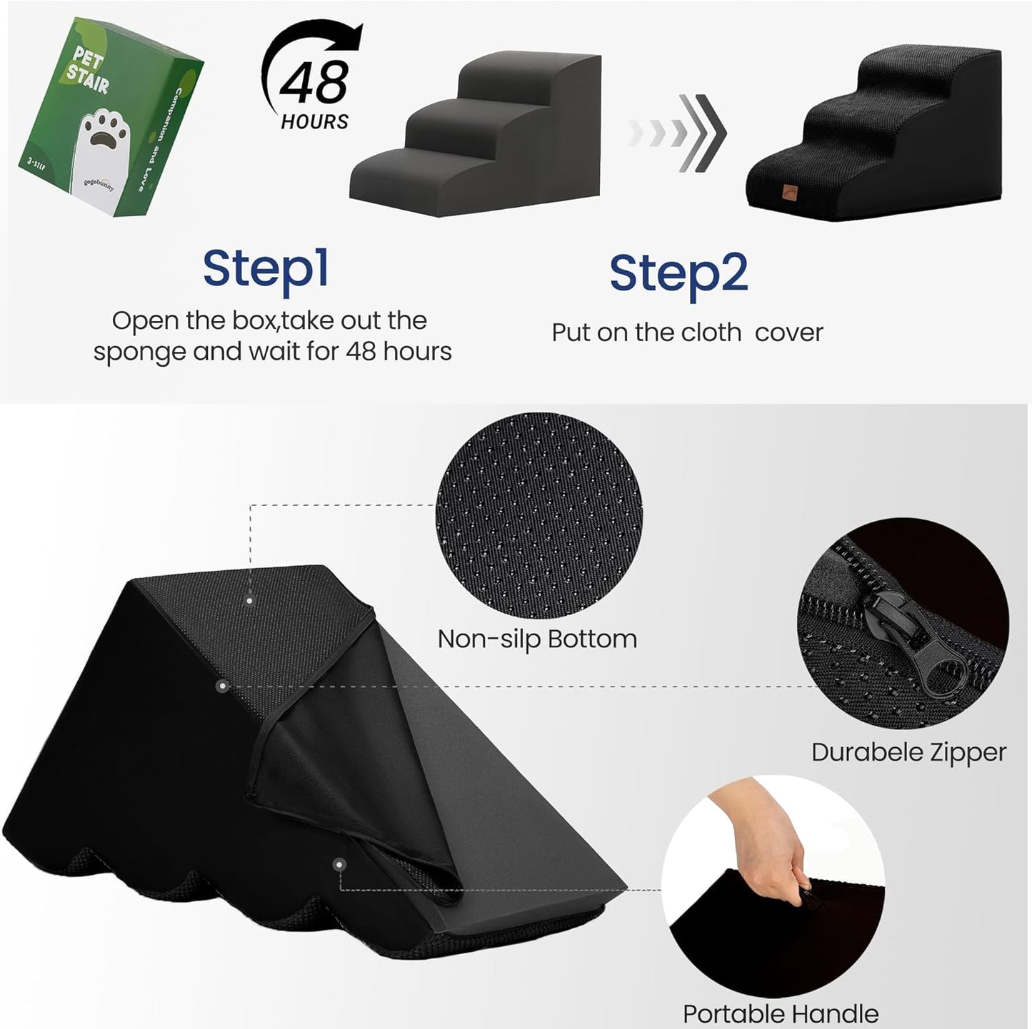 GoGoBunny Ramp Dog Stairs for Couch Sofa and Chair 15.7" H, 3-Step Pet Steps for Small Dogs and Cats, Non-Slip Waterproof Fabric Cover, Stable and Balanced Indoor Step, Pets Friendly, Grey