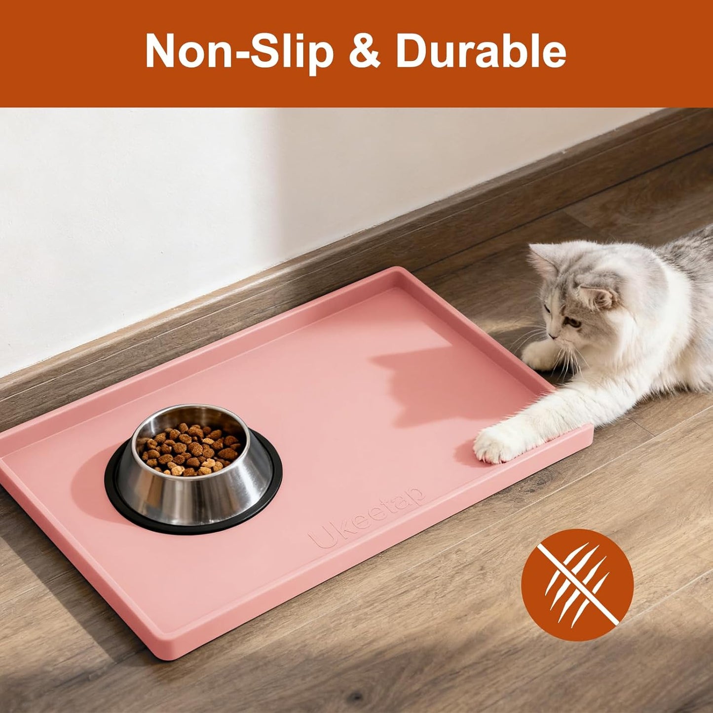 ukeetap Extra Thick Silicone Mat Waterproof with Raised Edge 19” x 12”, BPA Free Non-Slip Dog & Cat Food Mat, Feeding Mat for Food and Water Bowls, Spill Proof Mat to Protect Floors, Gray