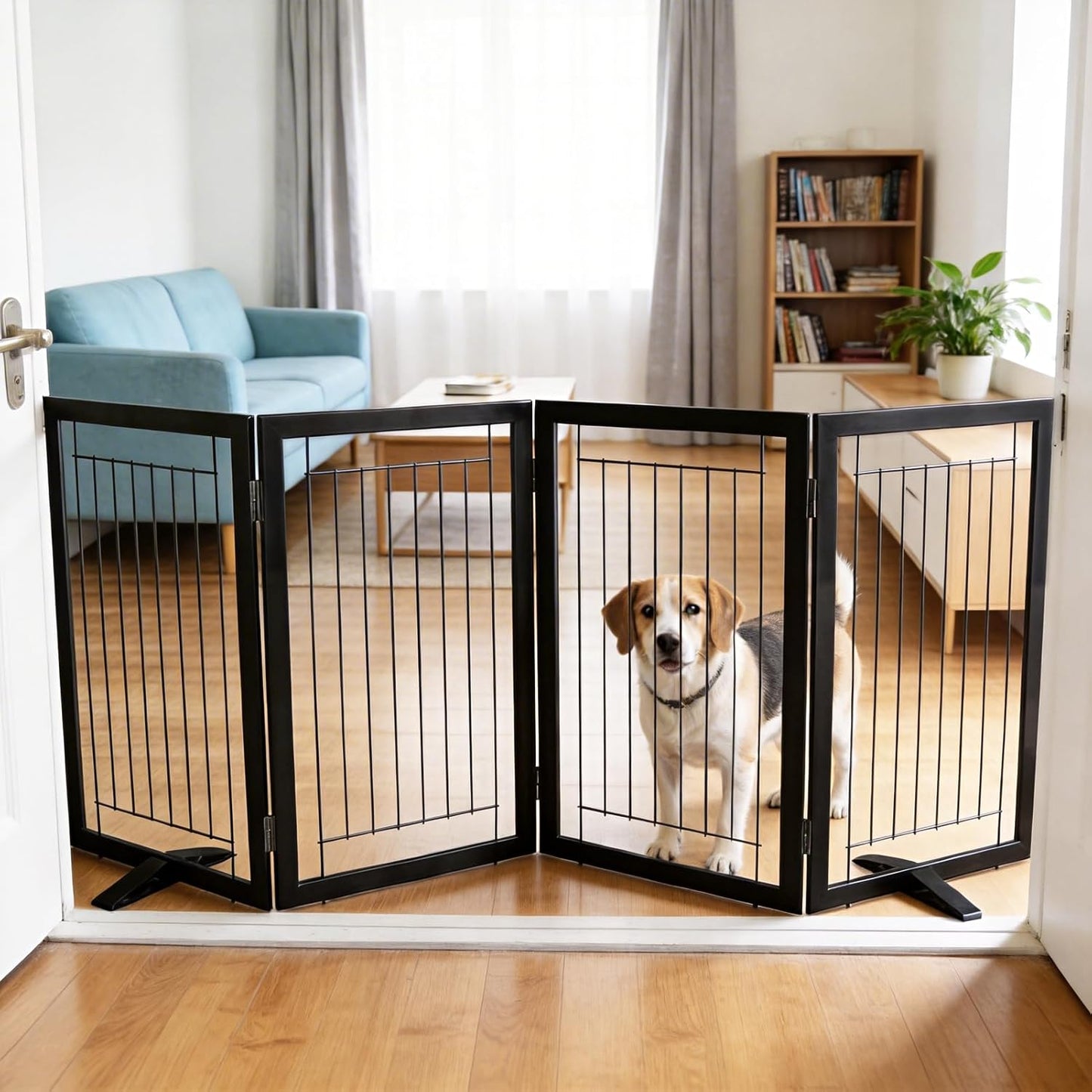 ZJSF Freestanding Dog Gate Indoor, Foldable Dog Fence for Doorways,Hallways or Stairs, Sturdy Wood Extra Wide Pet Gate with Support Feet,Black,24 "Height-3 Panels