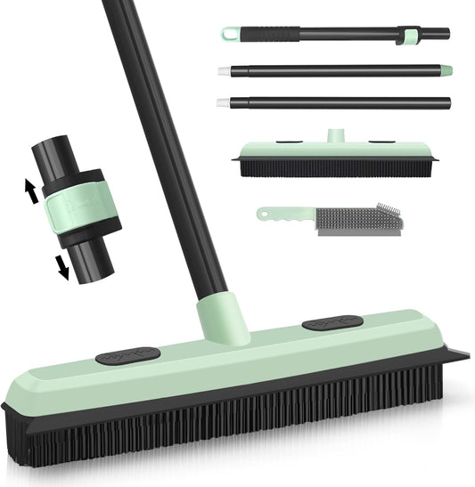Upgraded Rubber Broom Pet Hair Remover with Squeegee Fur Sweeper Small Detailing Lint Brush to Fluff Carpet Rug Tile Hardwood Floor