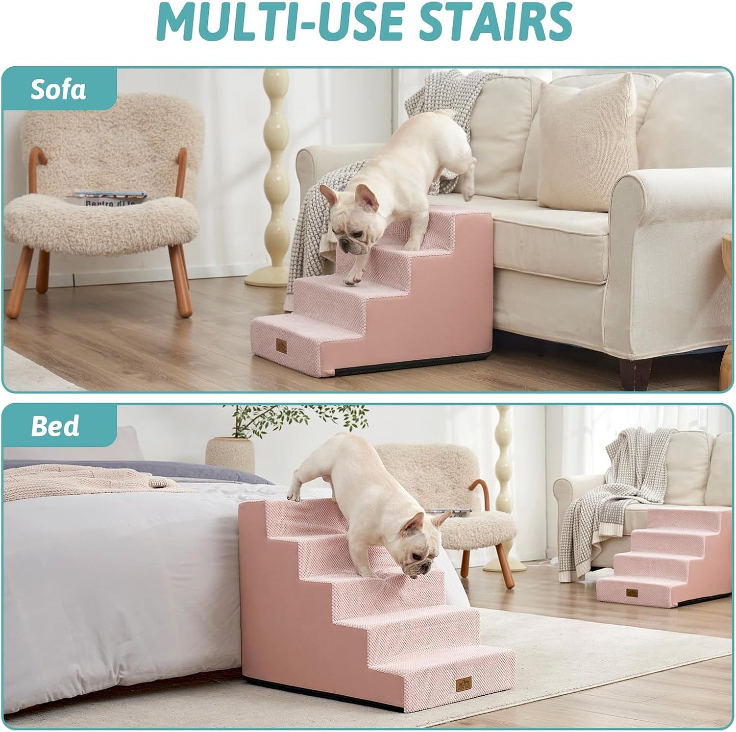 COZY KISS Dog Stairs for Small Dogs, 4 Tier Wider Pet Stairs for Couch and Beds, 17.7" H Non-Slip Dog Steps for Old Cats, Puppy, Small Medium Dogs, 17.7x23.6x17.7 inch, Beige