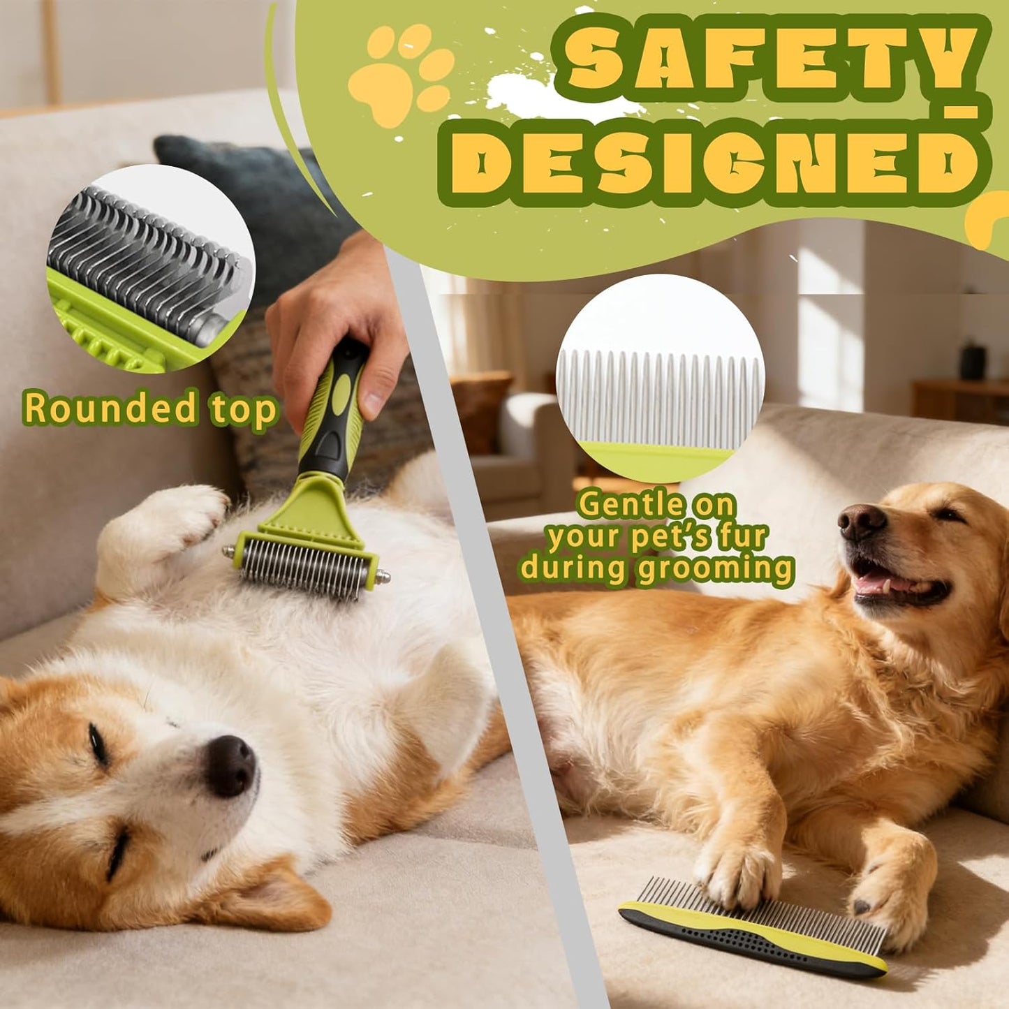 2-in-1 Pet Grooming Brush & Undercoat Rake, Double Sided Dematting Comb for Dogs Cats, Shedding & Slicker Grooming Tool (Green)