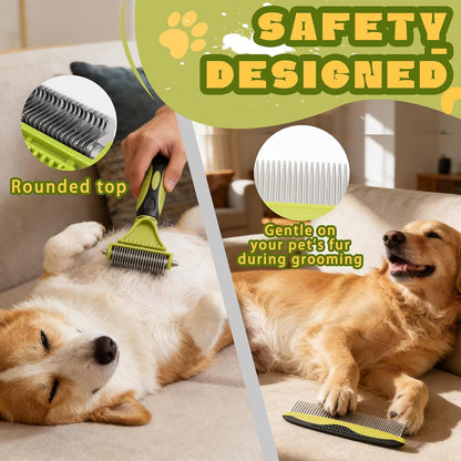 2-in-1 Pet Grooming Brush & Undercoat Rake, Double Sided Dematting Comb for Dogs Cats, Shedding & Slicker Grooming Tool (Green)