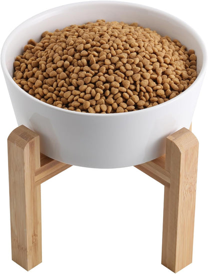 Black Elevated/Raised Dog Bowl Ceramic with Wood Stand for Medium Large Breed,Dog Food Water Dish Heavy Weighted,8 in Non Slip Modern Cute Porcelain Pet Bowl Extra Large