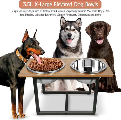 Spacnom Elevated Dog Bowls for Large Dogs, Raised Dog Bowl Stand with Two X-Large Stainless Steel Bowls for Dogs, 3.5L Capacity, Rustic Walnut