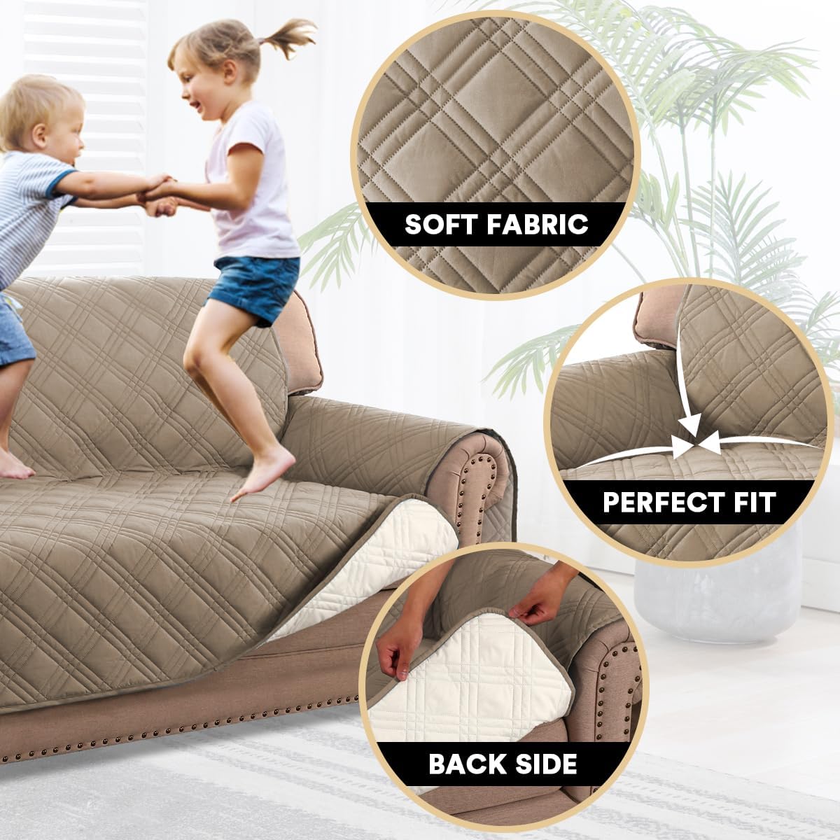 PrinceDeco 100% Waterproof Couch Cover for 3 Cushion Couch Sofa Pet Friendly Non-Slip Couch Cover for Dogs Washable Water Resistant Furniture Protector with Elastic Straps(Sofa 68", French Oak)