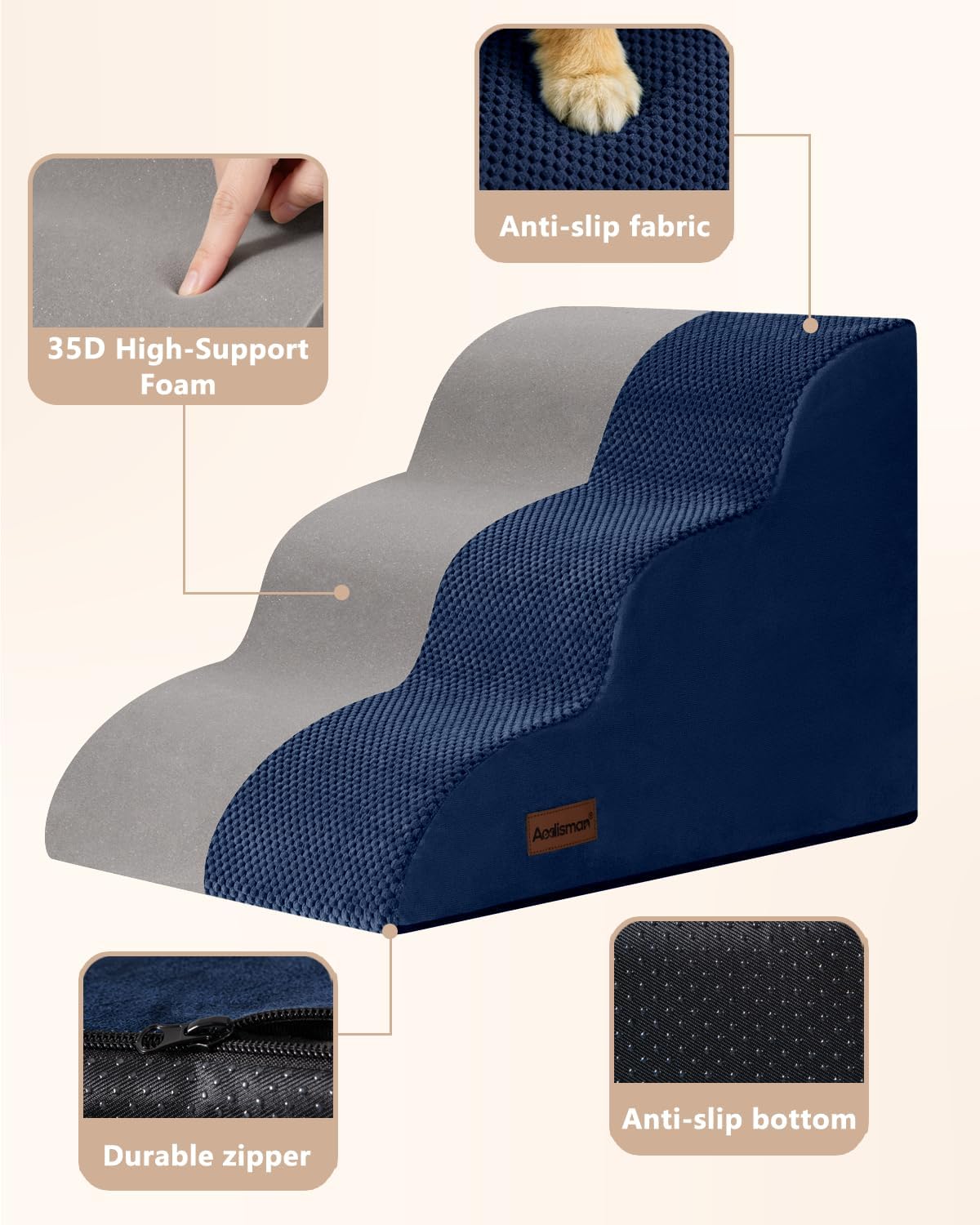 Aodisman Dog Stairs for Small Dogs,3 Step Dog Ramp for Couch and Bed,Pet Stairs with Non-Slip Bottom for Old Cats,Indoor Pet Steps,Comfort,Durable,15.4" H
