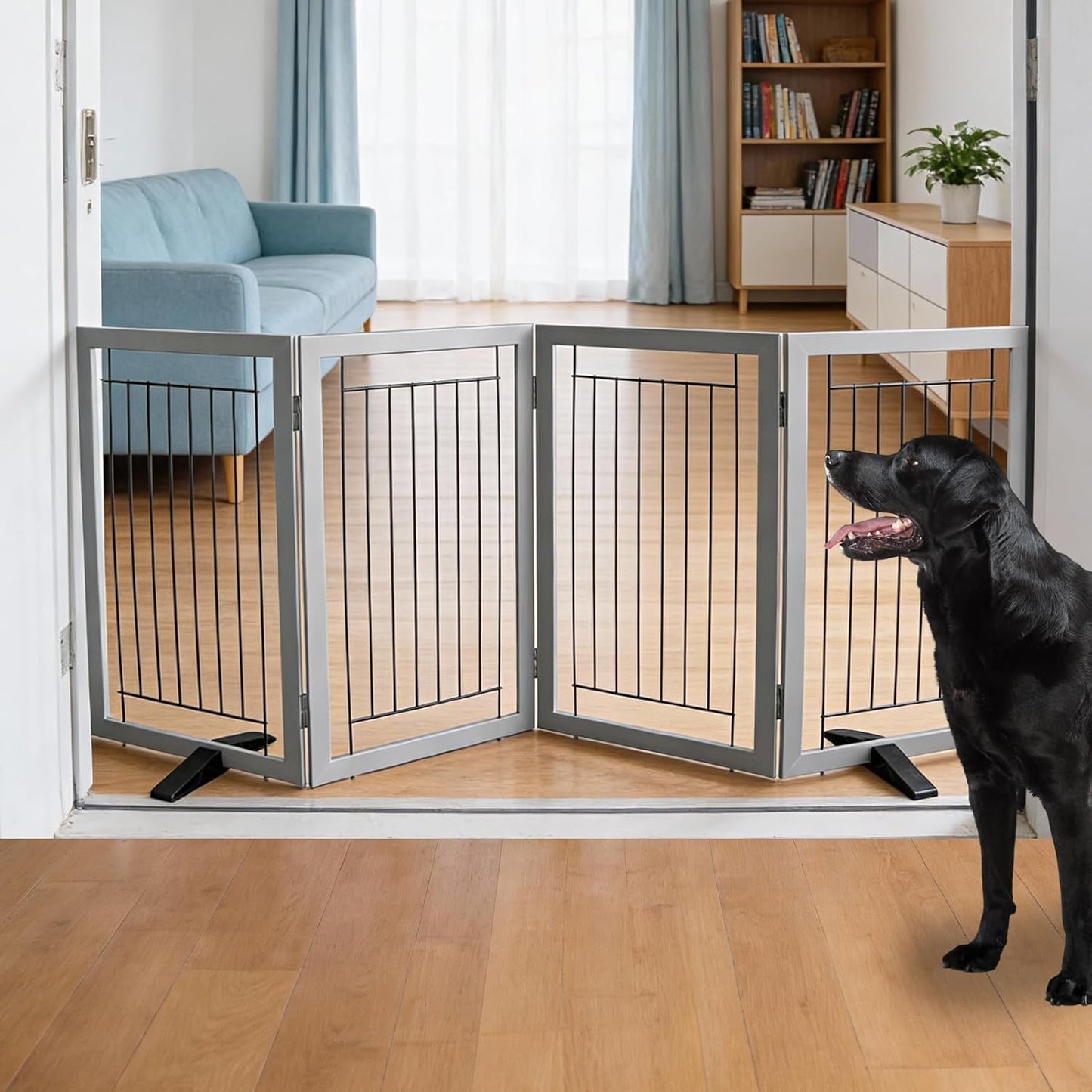 ZJSF Freestanding Dog Gate Indoor, Foldable Dog Fence for Doorways,Hallways or Stairs, Sturdy Wood Extra Wide Pet Gate with Support Feet,Black,24 "Height-3 Panels
