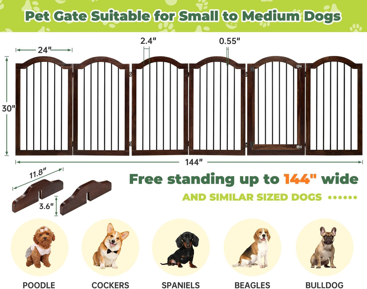 PrimeZone 144" Extra Wide Dog Gate - 36" Tall 6-Panel Solid Acacia Wooden Freestanding Puppy Gates with Door, Foldable Indoor Pet Fence for Doorways, Stairs, Support Feet Included, Brown