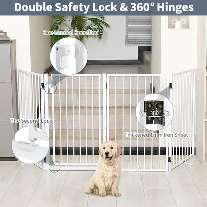 Metal Freestanding Dog Gates with Door for Outdoor Indoor,80'' Extra Wide 32'' Tall Free Standing Dog Gate for Doorways,Large Openings,Deck,Yard,Foldable Safety Pet Fence(Black,4 Panels)