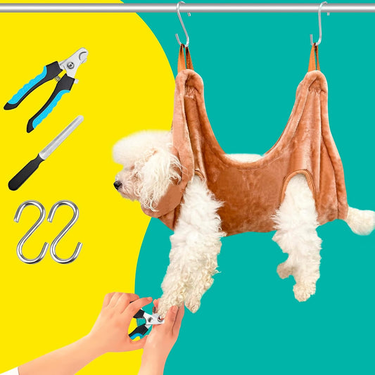 Dog Grooming Kit, Dog Grooming Supplies, Dog Grooming Hammock, Dog Grooming Harness, Dog Nail Clippers, Dog Nail Grinder, Hooks, Dog Hammock Kit for Nail Trimming/Hair Trimming(Coffee, S)