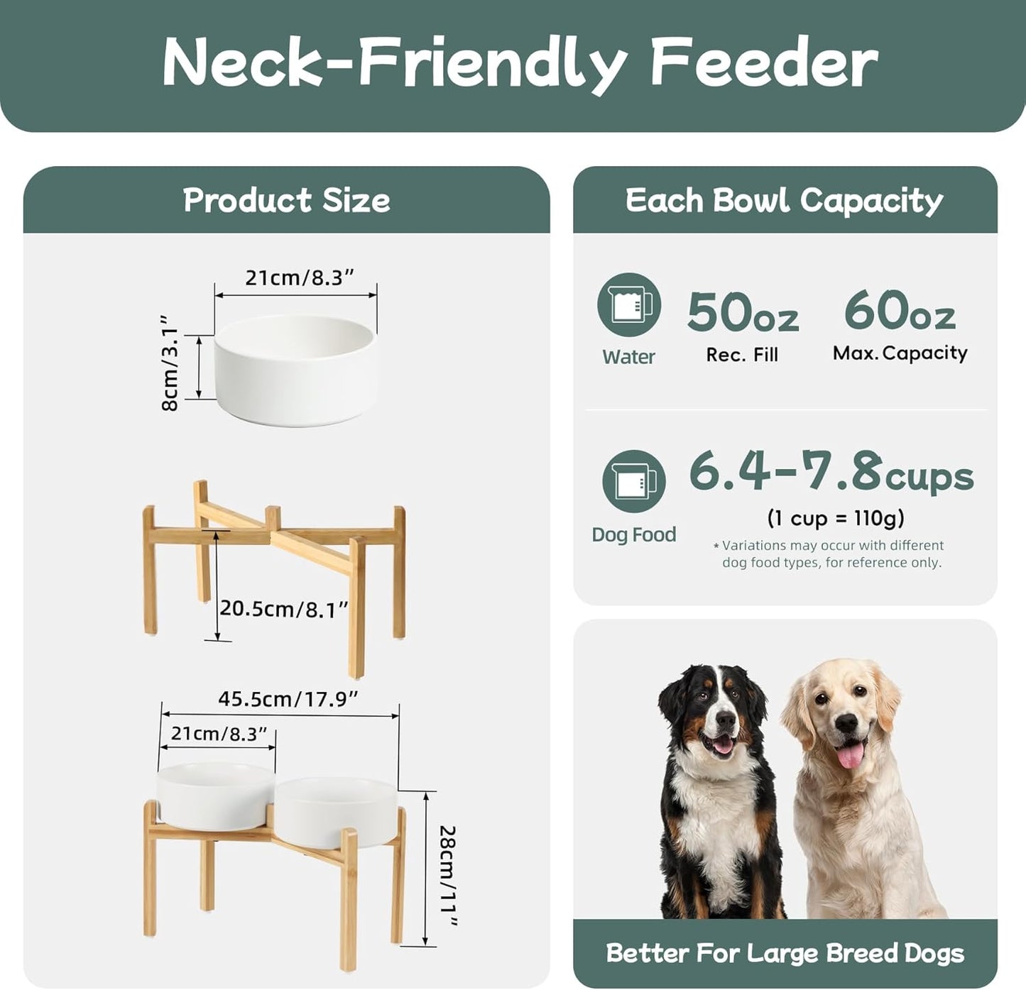 Havniva 8.3” Dog Bowls Elevated Ceramic Dog Food and Water Bowl, Raised Dog Water Bowl with Stand Non-Slip Rubber Base Large Capacity Feeding Pet Food Bowl for Large Dogs