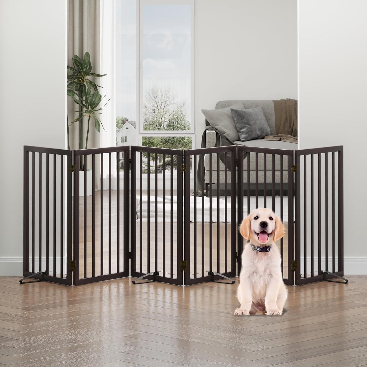 Freestanding Foldable Dog Gate - 4 Panel Room Divider with Metal Support Feet (Black)