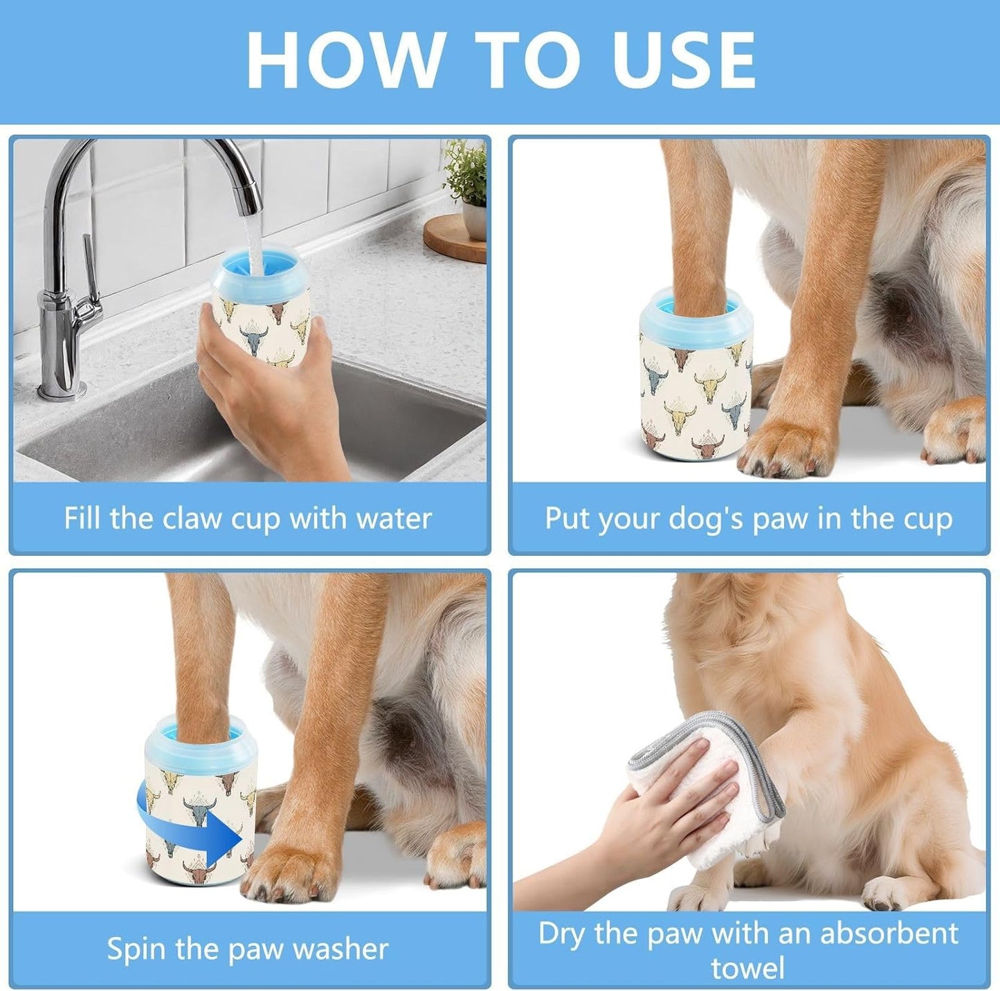 Western Skull Beige Pattern Dog Paw Cleaner Cup with Soft Silicone Brush, Small Portable Lightweight Muddy Paw Washer for Dogs, Easy to Use Pet Foot Cleaner
