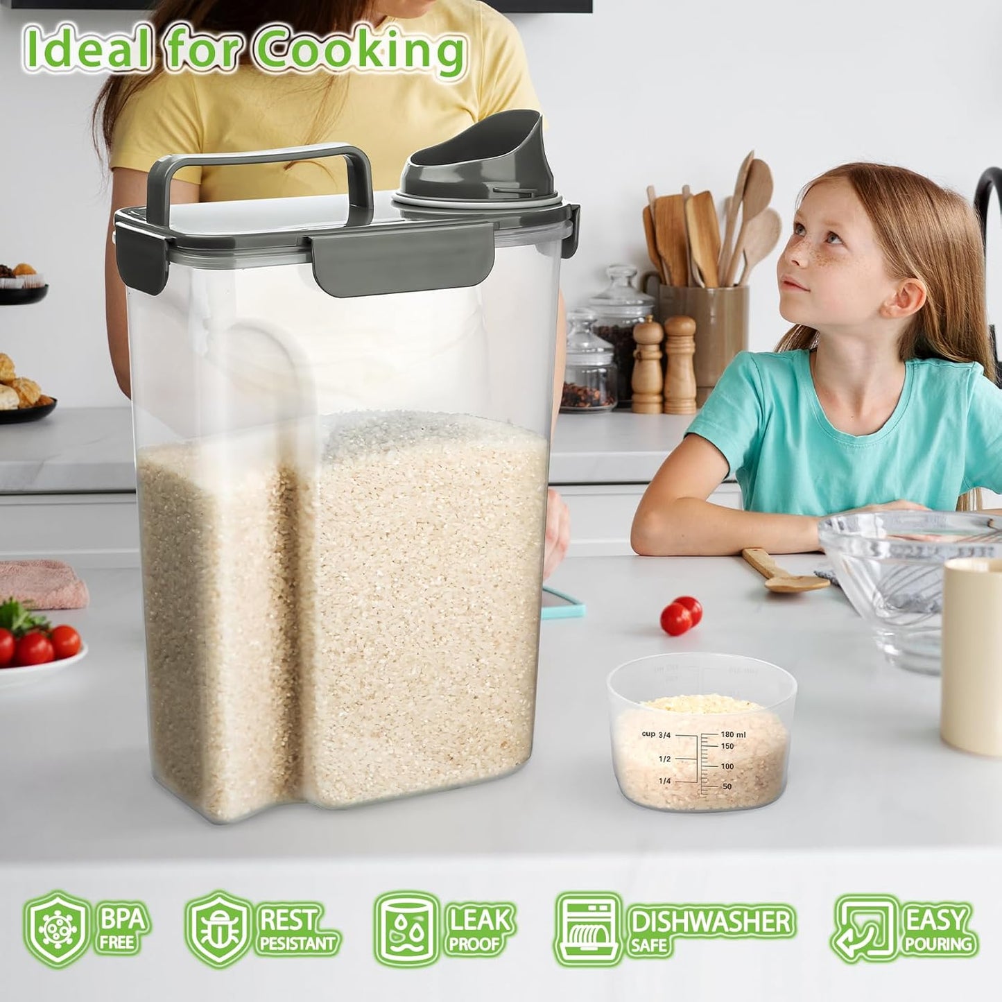 Viretec Rice Airtight Storage Container, 3 to 5Lbs Cereal Dry Food Flour Bin, Pet Dog Cat Food Dispenser with Measuring Cup, BPA Free Clear Plastic Kitchen and Pantry Organization Bin for Sugar