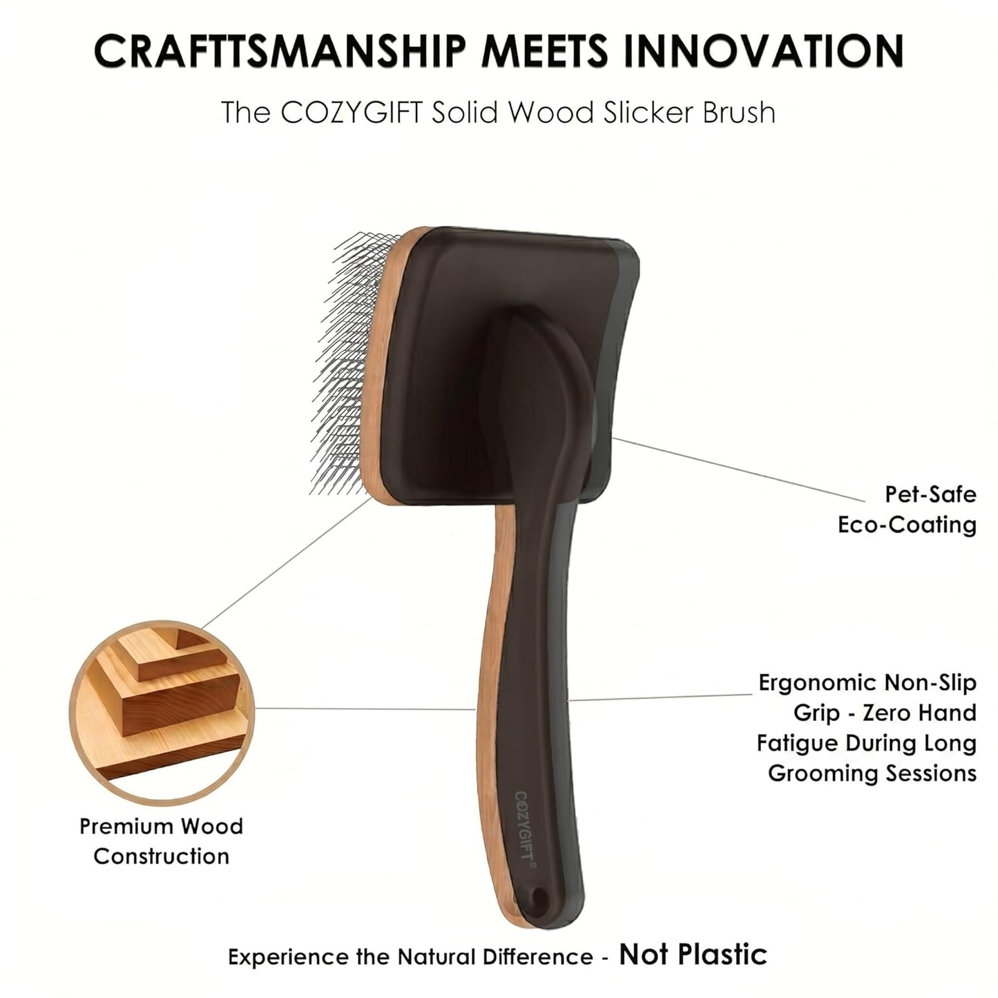 Slicker Brush for Dogs - 4-in-1 Wooden Dog Grooming Kit for Doodles & Poodles with Detangling Comb for Matted Hair & Bath Massage Set, Naturally