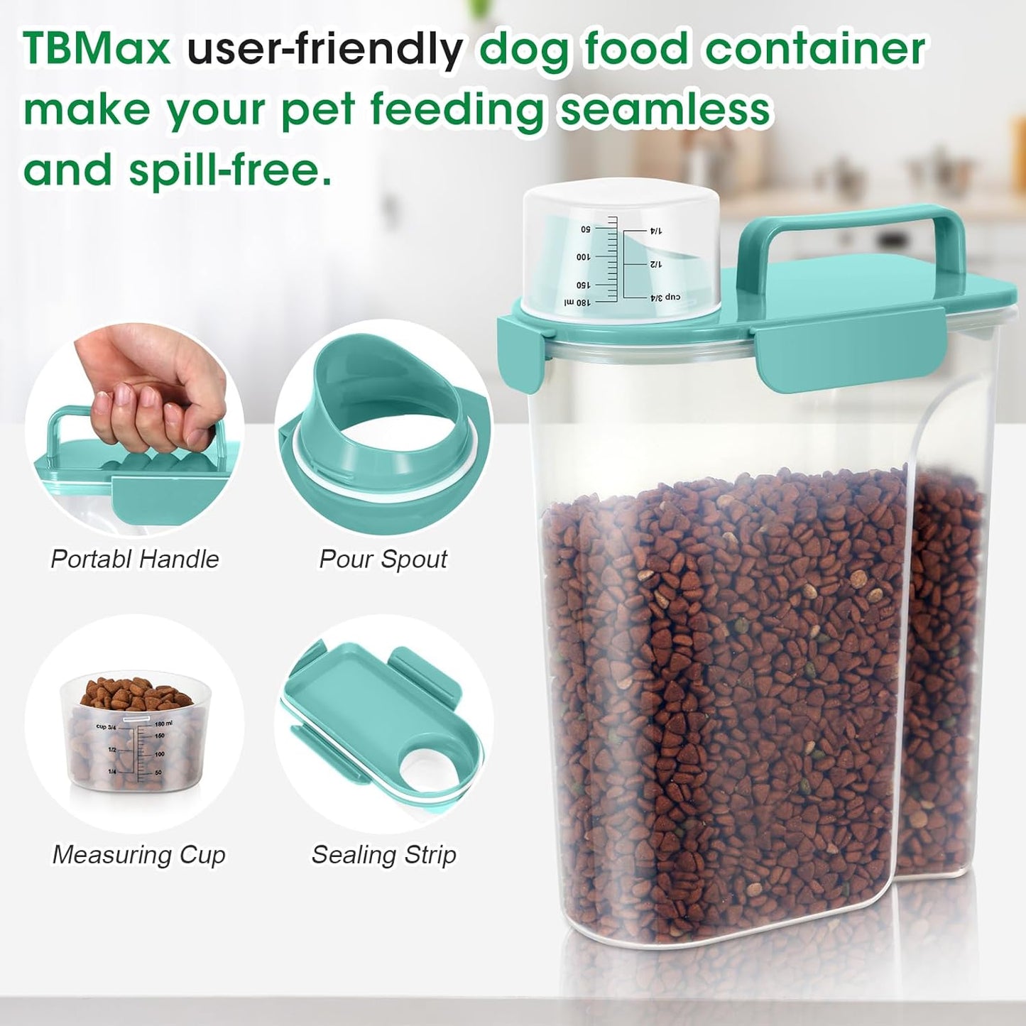 TBMax Dog Food Storage Container 5-7 lbs, Airtight Cat Food Container with Larger Spout & Measuring Cup, Portable Pet Food Storage Dispenser for Small Animal Kibble Storage, Bird Seed Container