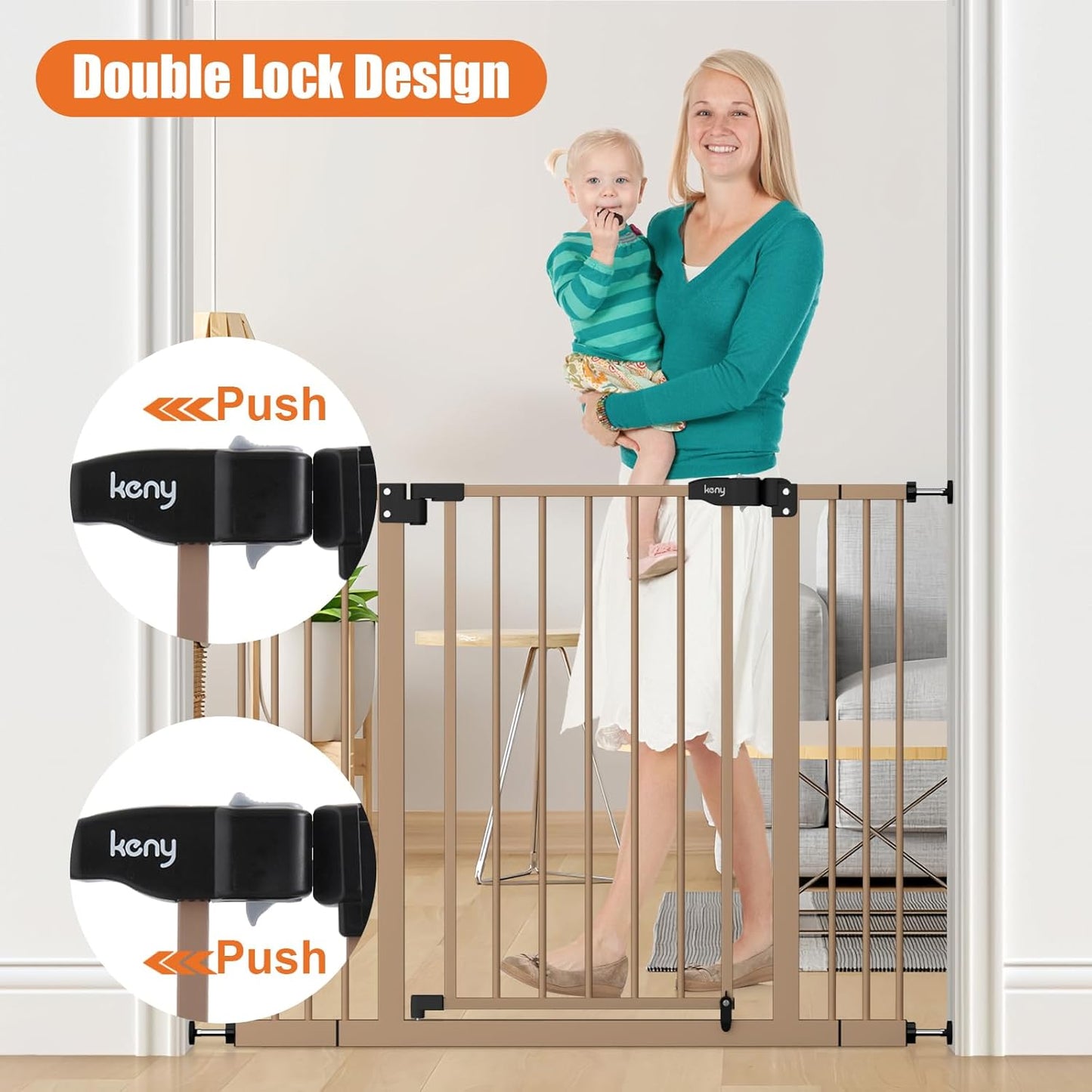 keny 29"-42.5" Baby Gate for Stairs, Auto Close Safety Dog Gate, Pressure Mounted Easy Walk Through Pet Gate for Doorways, Durable Stair Gate, 30" Tall, White
