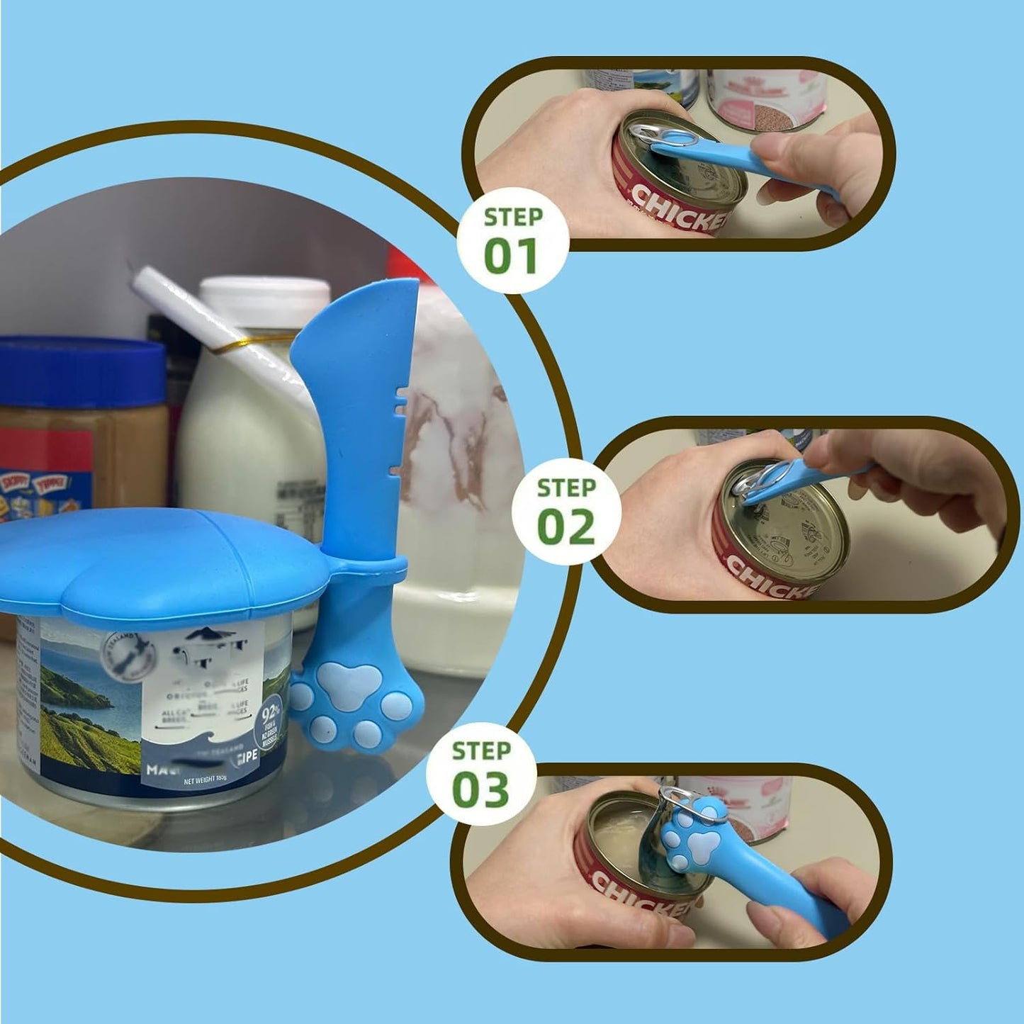 Pet Can Opener & 3 Pcs Cat Food Can Lids | Universal BPA Free Silicone Covers & Multi-Function Wet Food Spoon for Cat and Dog Food(Dark Blue)