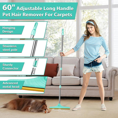 5FT Carpet Rake Pet Hair Remover, Reusable Carpet Rake with Telescopic Handle for Pet Hair Removal Tool Dog Cat Fur Remover Broom for Rugs, Mats, Beds, Stairs (Gray)