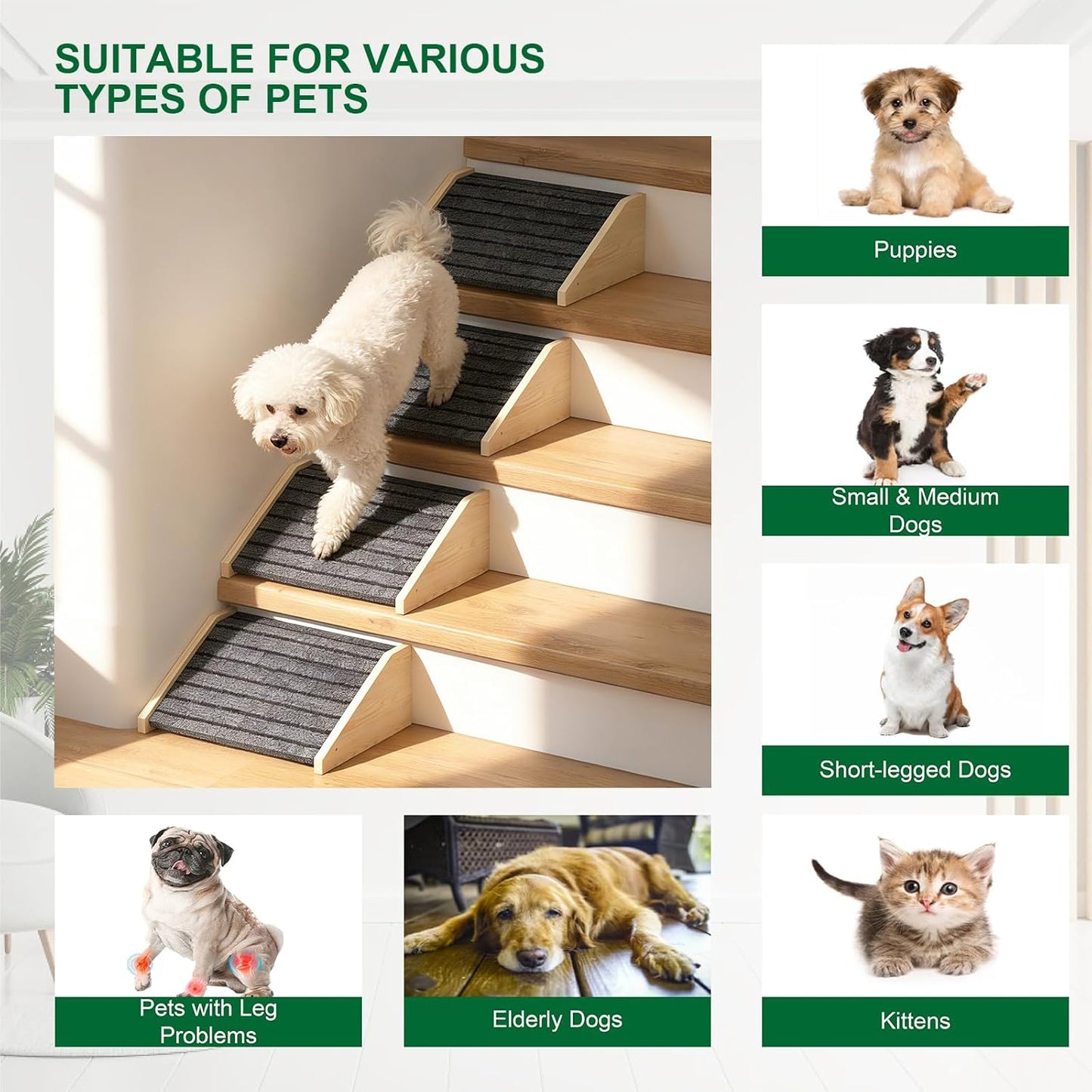 TIMHAKA 2 Pack Dog Ramp for Stairs, Upgraded Widened Non-Slip Dog Stairs for Small Medium Dogs, Wooden Pet Steps for Staircase, Steps and Stairs Assist for Injured & Aged Pets