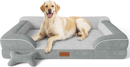 CWAWZ Extra Large Dog Bed, Orthopedic Dog Bed with Cooling Gel Memory Foam, Waterproof XL Pet Bed with Removable Washable Cover, 42" Pet Sofa Couch Dutch Velvet with Bone Toy, Light Gray