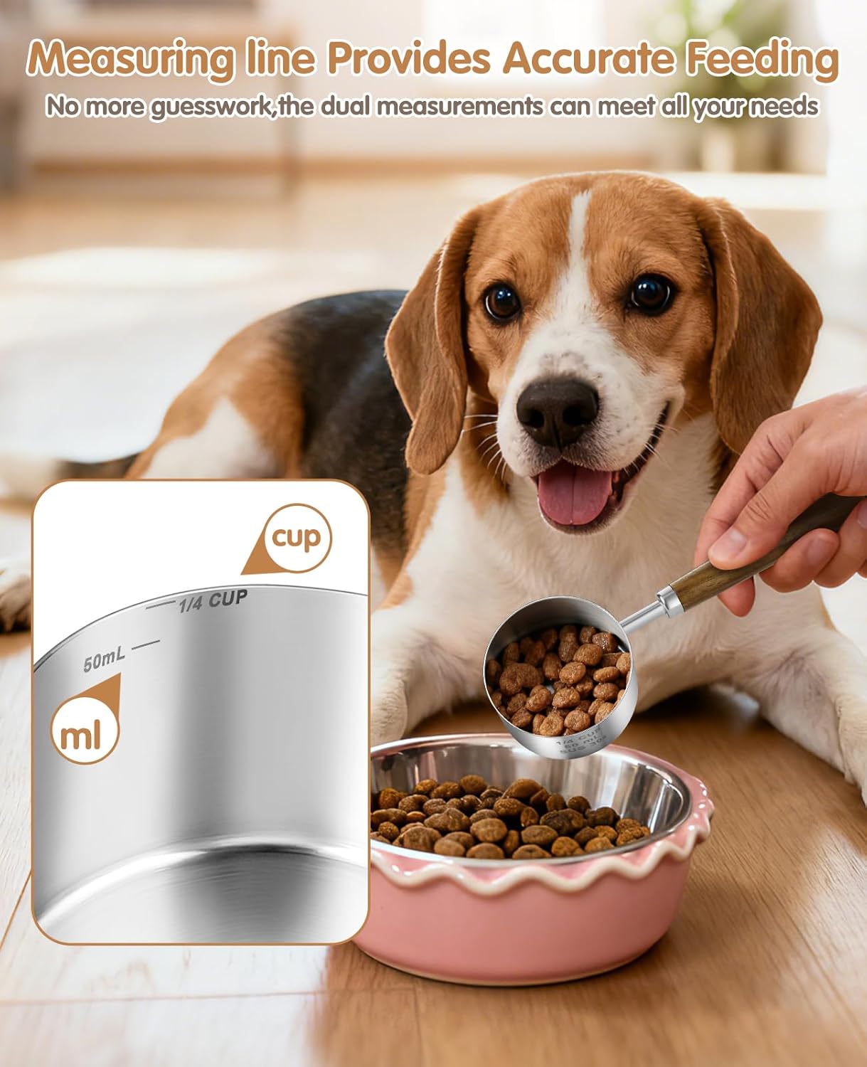 Stainless Steel Dog Food Scoop 1 Cup, Dog Food Measuring Cup With Measuring Lines (Cup/ML) & Long Wooden Handle, Metal Pet Food Scoop For Dogs, Cats and Kitchen Use, Dishwasher Safe