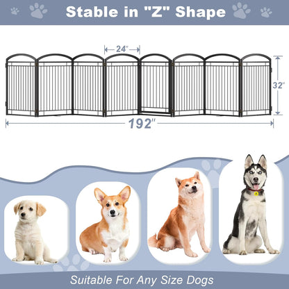 Full Metal Free Standing Dog Gate with Door for Indoor & Outdoor,96'' Extra Wide 32'' Tall Dog Gate for The Doorways,Large Openings,Decks,Porch,Pet Freestanding Safety Fence(4 Panels,Black)
