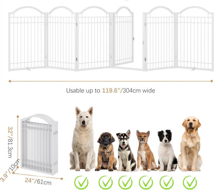 BHG Metal No-Assembly Freestanding Dog Gate with Door Walk Through, Extra Wide 144", Extra Tall 32" Pet Gate, Accordion Puppy Folding Playpen Dog Fence, with 2PCS Support (Black, 6 panesl)