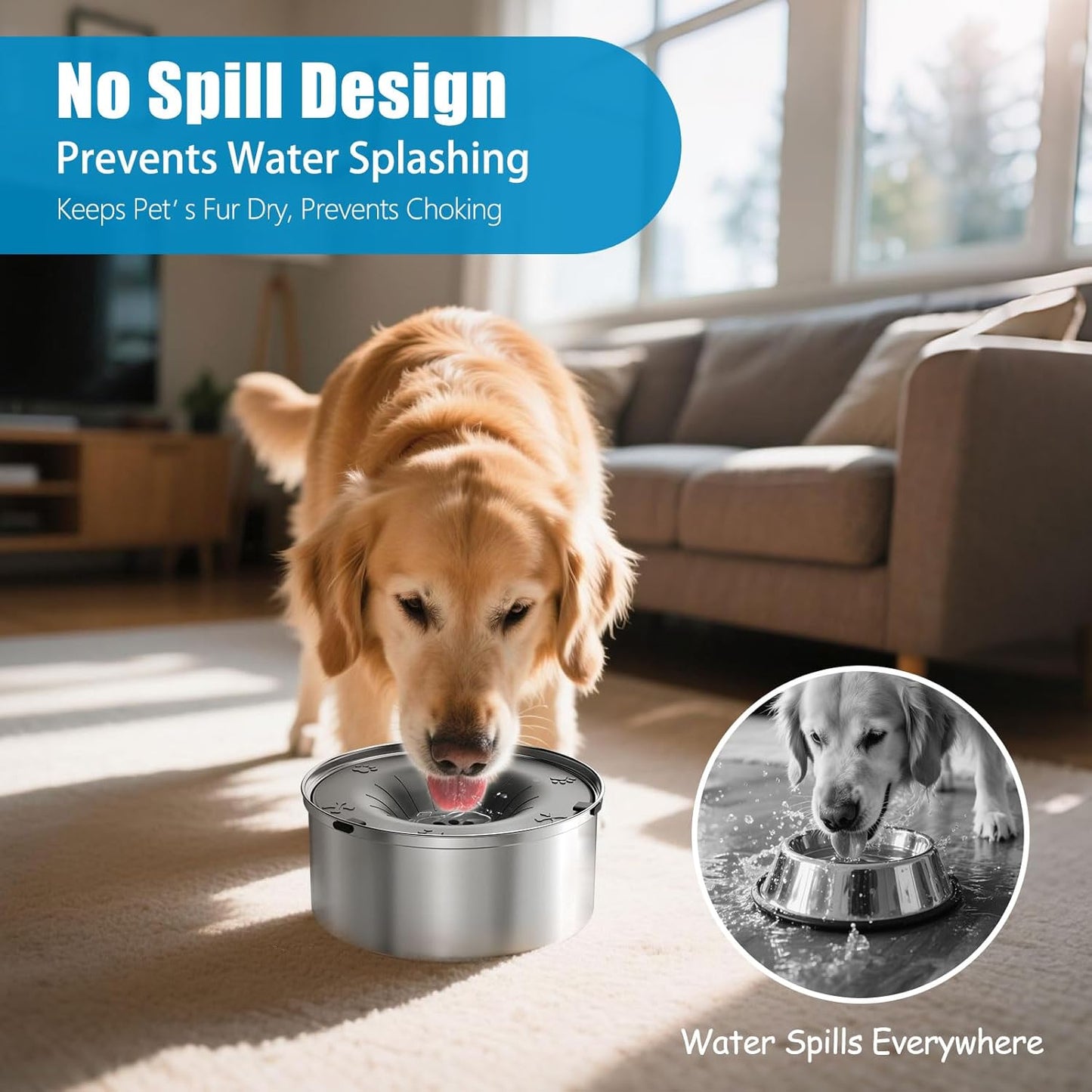 SCHITEC Dog Water Bowl No Spill 1.2L/40oz Slow Drinking Anti-Splash Stainless Steel Dog Bowl with Floating Disk, Spill Proof Pet Travel Water Dispenser for Sloppy Messy Drinkers(Light Gray)