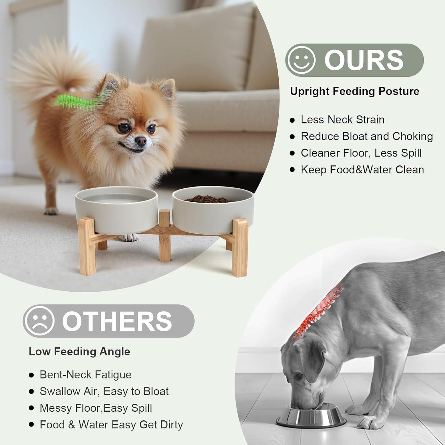 SPUNKYJUNKY Elevated Dog Bowls Ceramic, 6.1'' Dogs and Cat Food Water Bowls Raised with Non-Slip Bamboo Stand for Medium Sized Breed Microwave Dishwasher Safe - 28.7 OZ,Beige